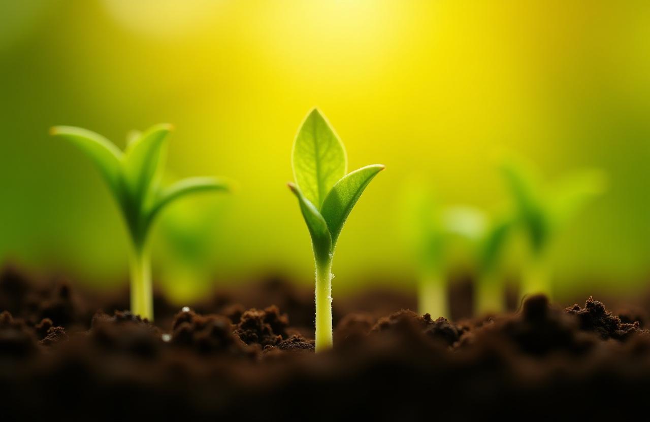 豊かな土から芽吹く若葉のクローズアップ写真