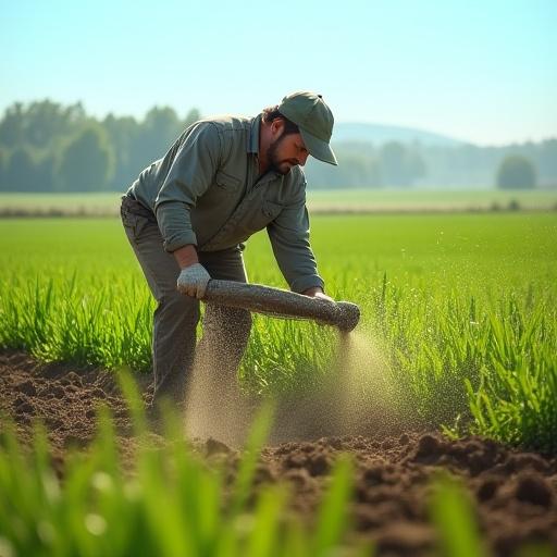 農家が畑にミネラル豊富な肥料を撒いている風景